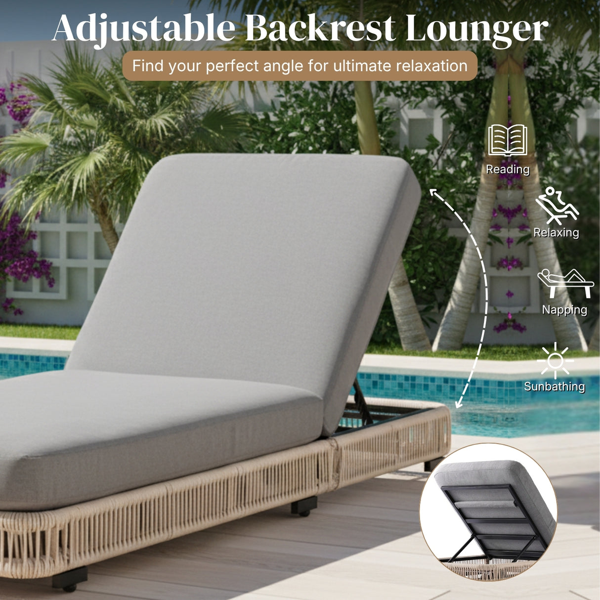 Outdoor Rope Lounger Set of 2 with Adjustable Backrest (Beige & Grey)