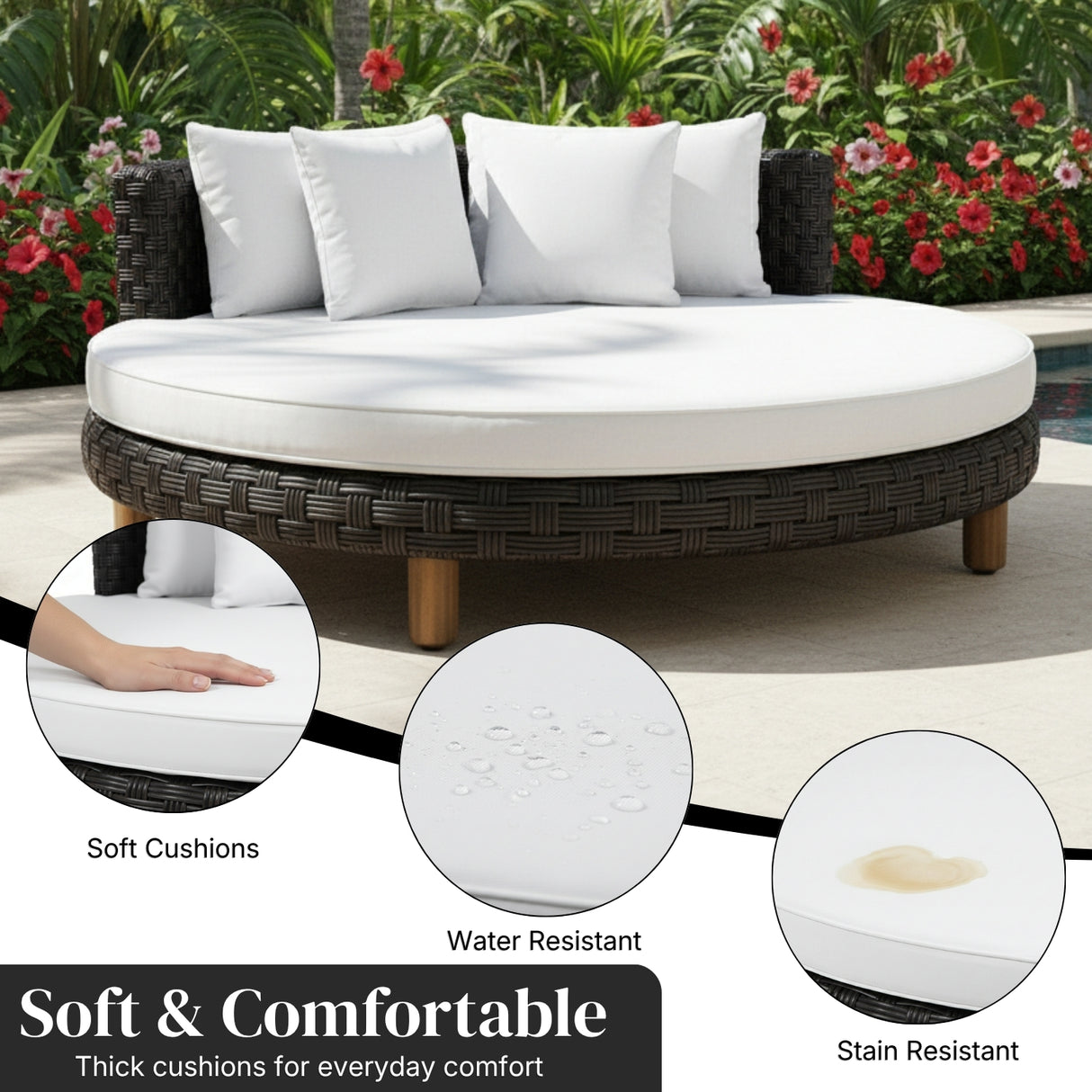 Outdoor All-Weather Rattan Wicker Round Daybed (Black & White)