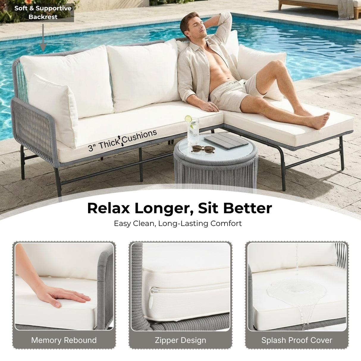 Outdoor L-Shape Rope Sofa Set (Grey & White)