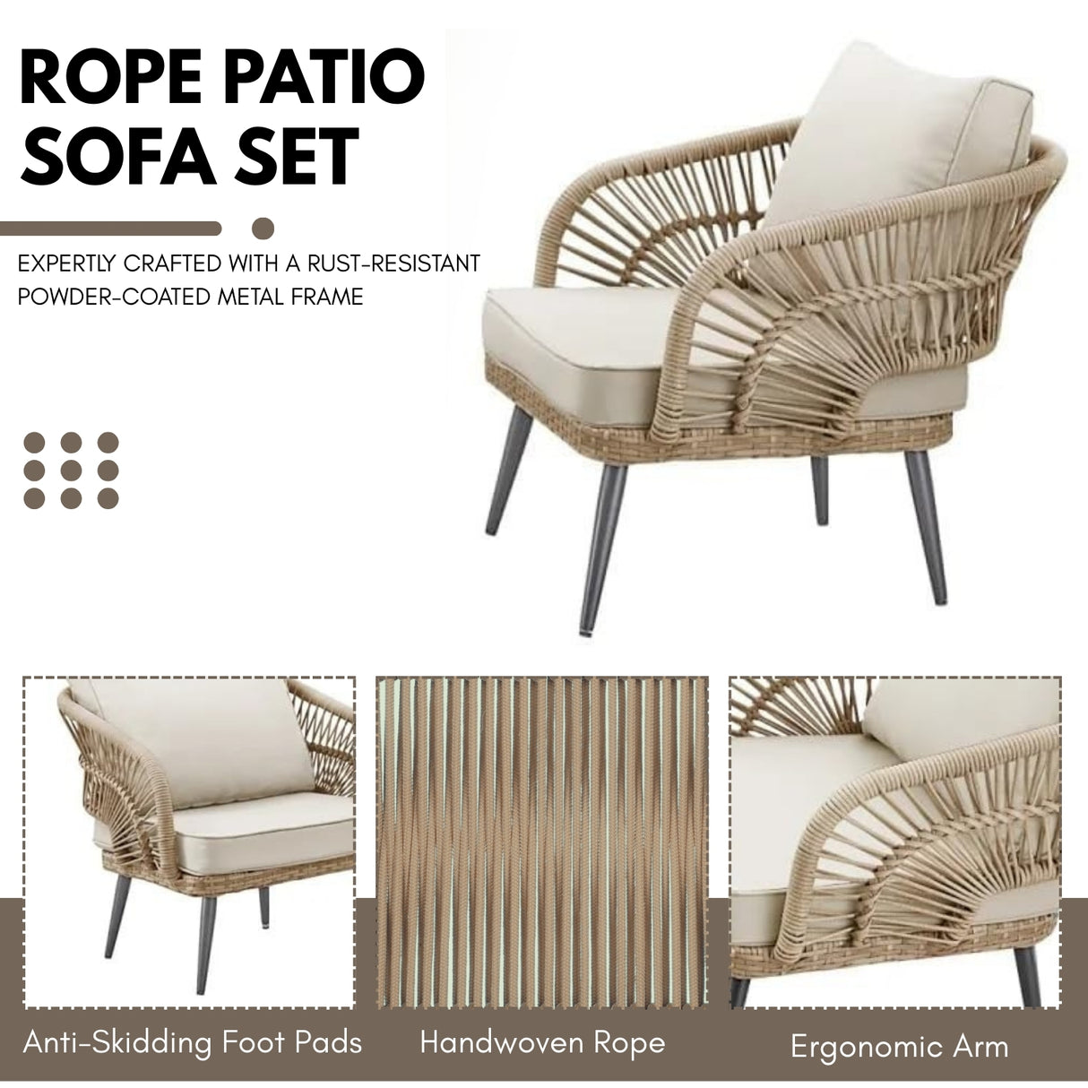 Outdoor Rope 4-Piece Patio Sofa Set with Glass Top Table (Beige/Cream)