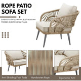 Outdoor Rope 4-Piece Patio Sofa Set with Glass Top Table (Beige/Cream)