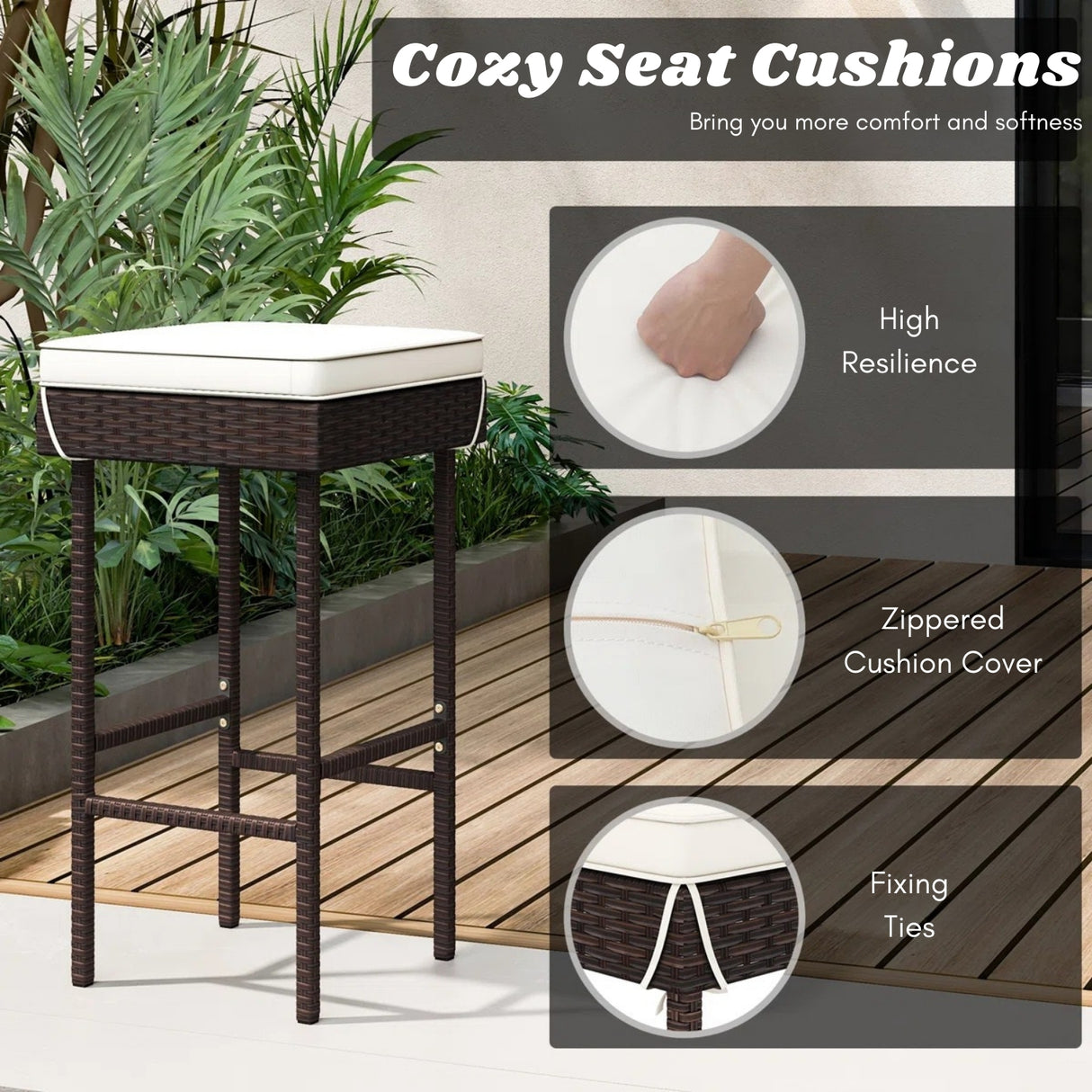 2-Piece Rattan Wicker Patio Bar Stools