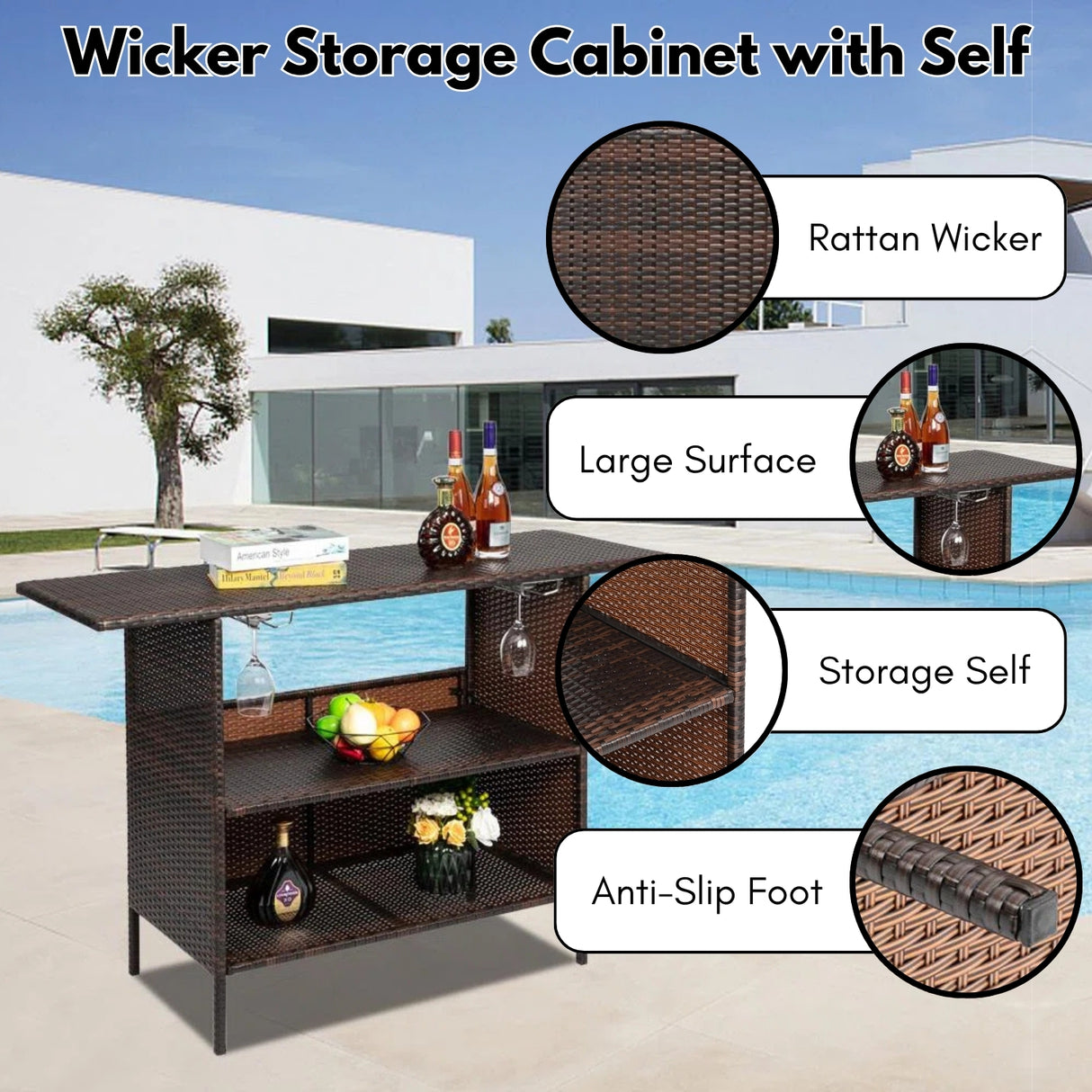 Outdoor Rattan Wicker Bar Table With Storage Selves