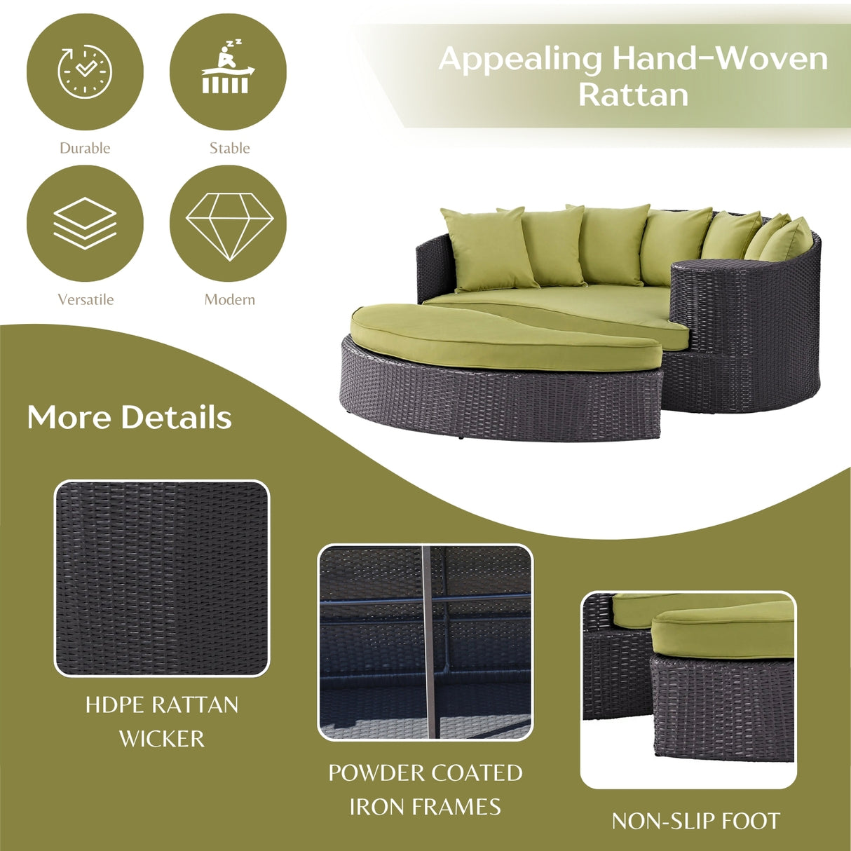 Outdoor Rattan Wicker Daybed (Dark Brown & Green)