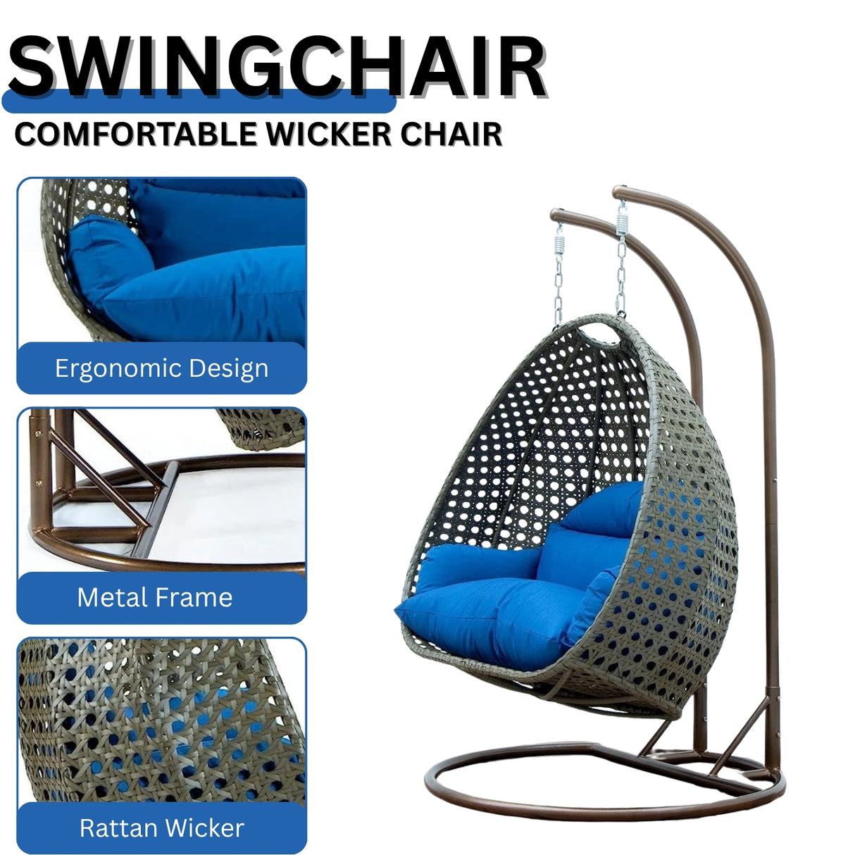 Double Seater Hanging Swing Chair (Dark Brown/Royal Blue)