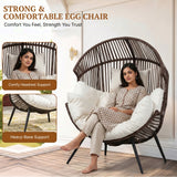 Outdoor Wicker Egg Chair with Plush Cushions (Dark Brown& Off-White)