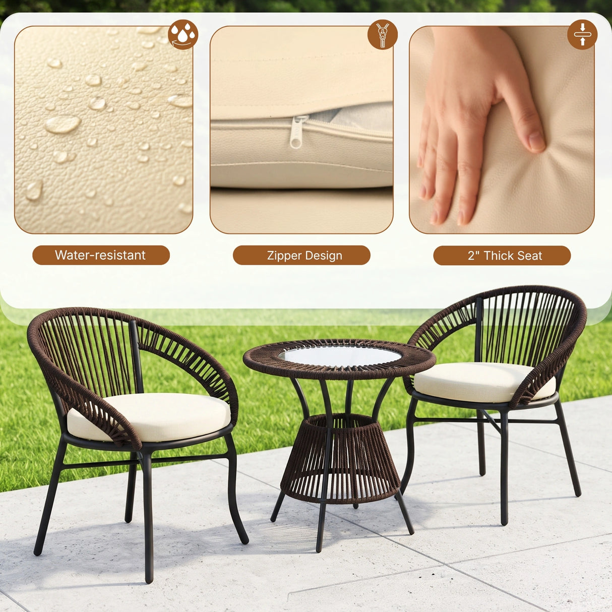 Outdoor 4-Seater Patio Rope Conversation Set (Dark Brown & Cream)