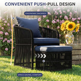 Outdoor 5 Piece Rope Patio Chair Ottoman Set (Black & Navy-Blue)