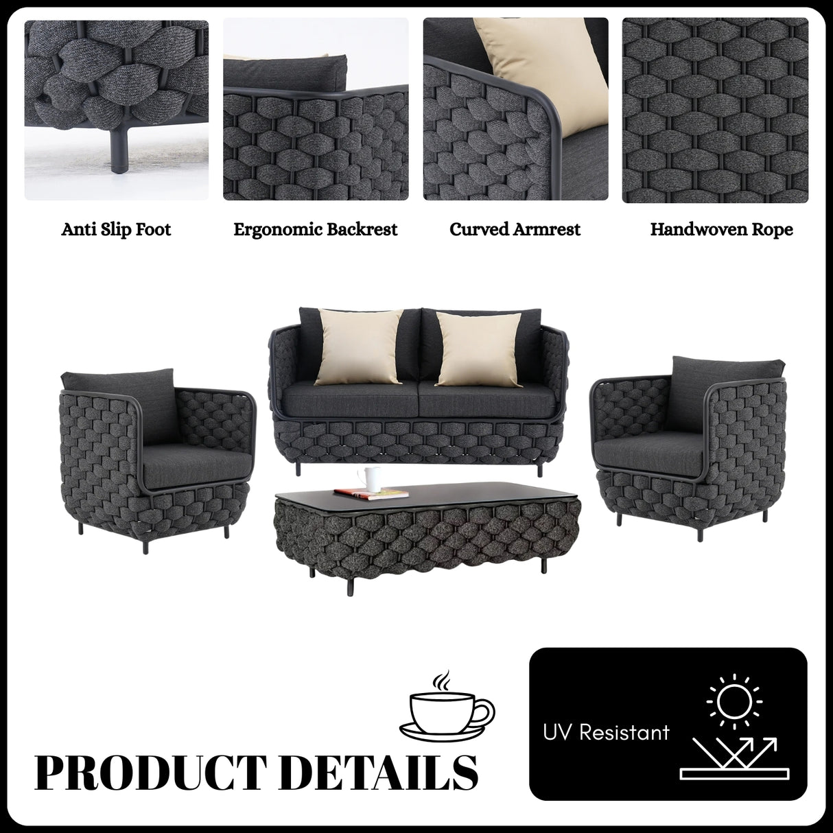 4 Piece Outdoor Rope Sofa Set with Glass Top Coffee Table (Black)