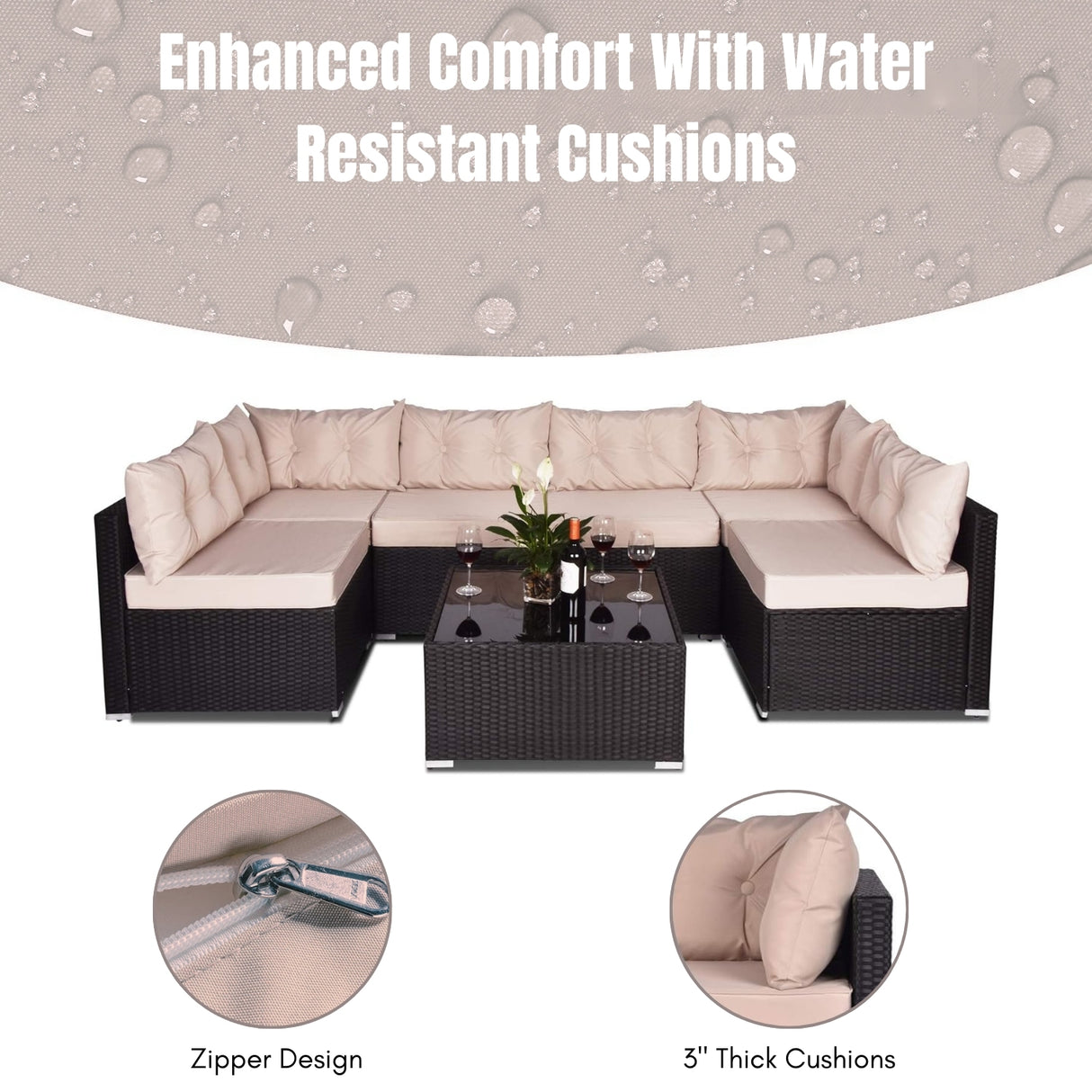 6-Seater Outdoor Garden Conversation Sofa Set (Dark Brown & Cream)