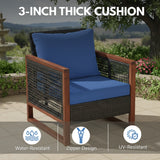 Outdoor Wicker 3-Piece Patio Furniture Set with Solid Wooden Frames (Dark Brown & Blue)