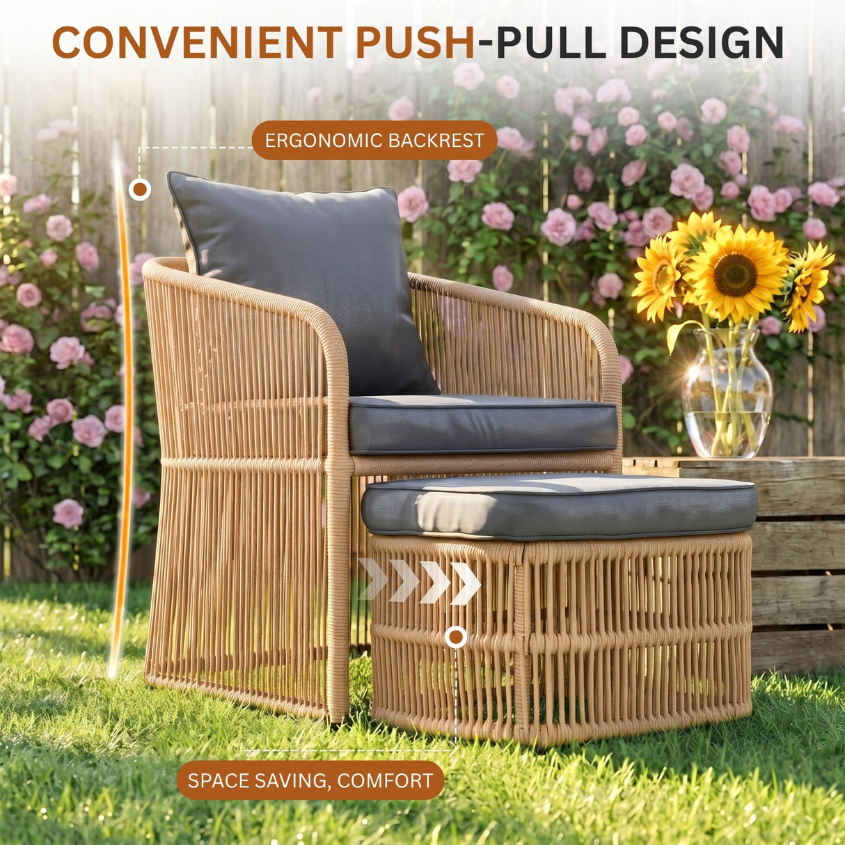 Outdoor 5 Piece Rope Patio Chair Ottoman Set (Beige & Dark Grey)