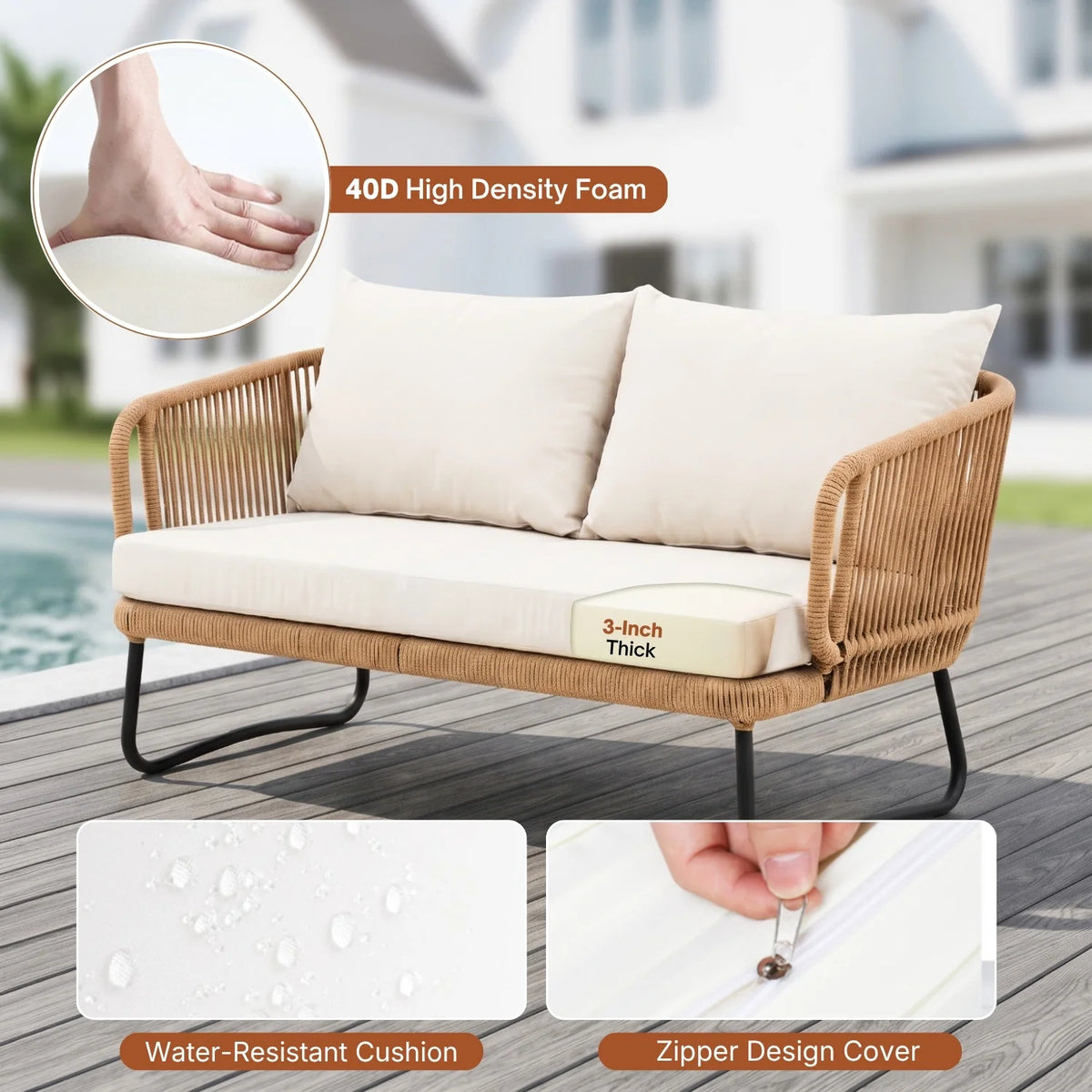 Outdoor 5pcs All-Weather Rope Sofa Set with Cushions (Beige & White)