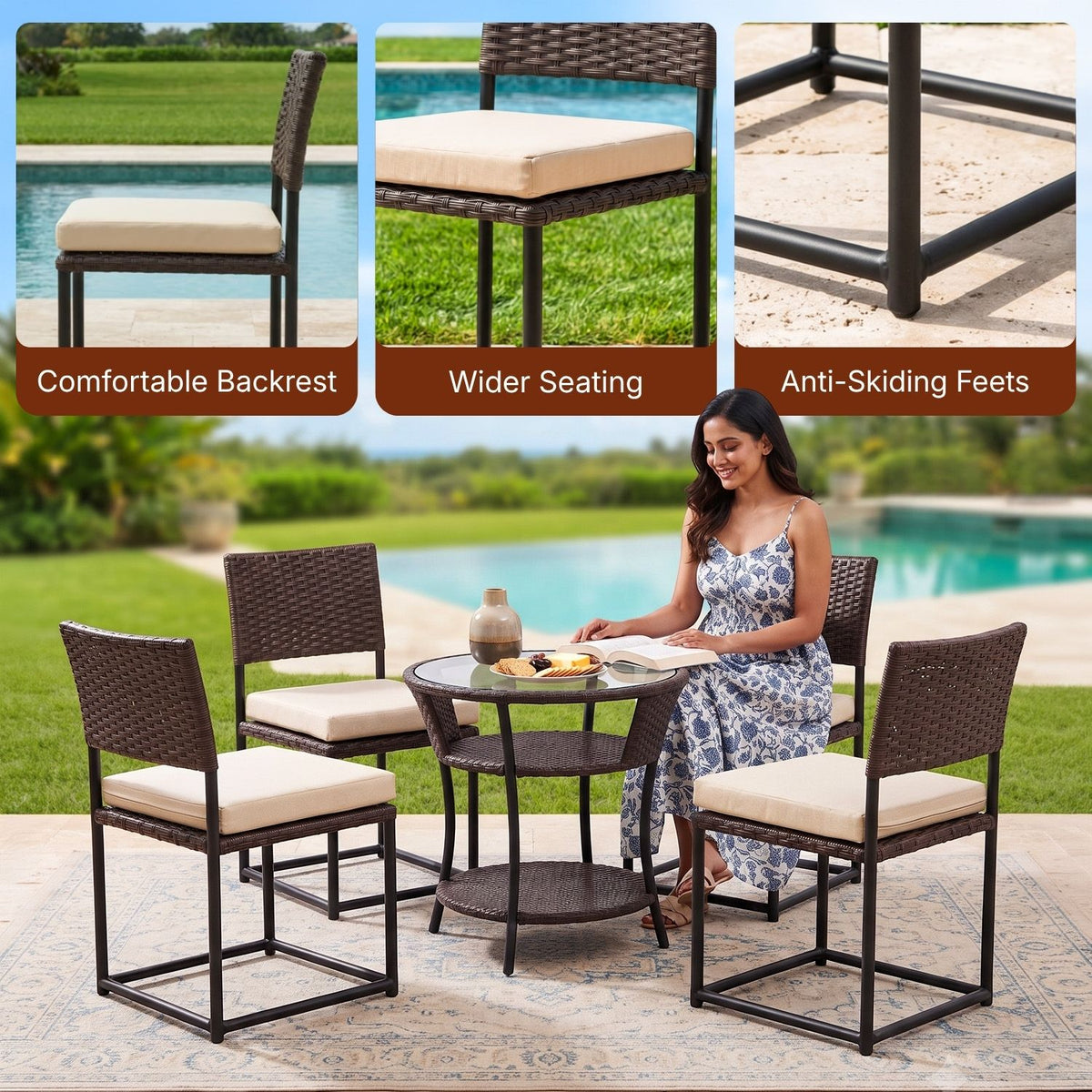 5-Piece Outdoor Wicker Patio Furniture Set (Dark Brown & Cream)