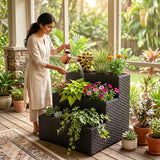 Outdoor 3-Tier Wicker Raised Planter Stand (Black)