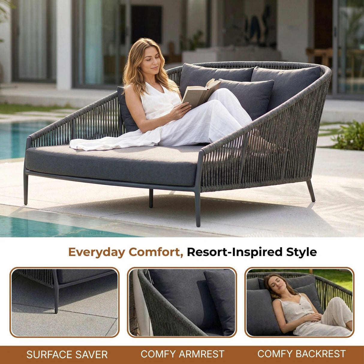 Outdoor Grey Rope Patio Daybed with Comfortable Dark Grey Cushion