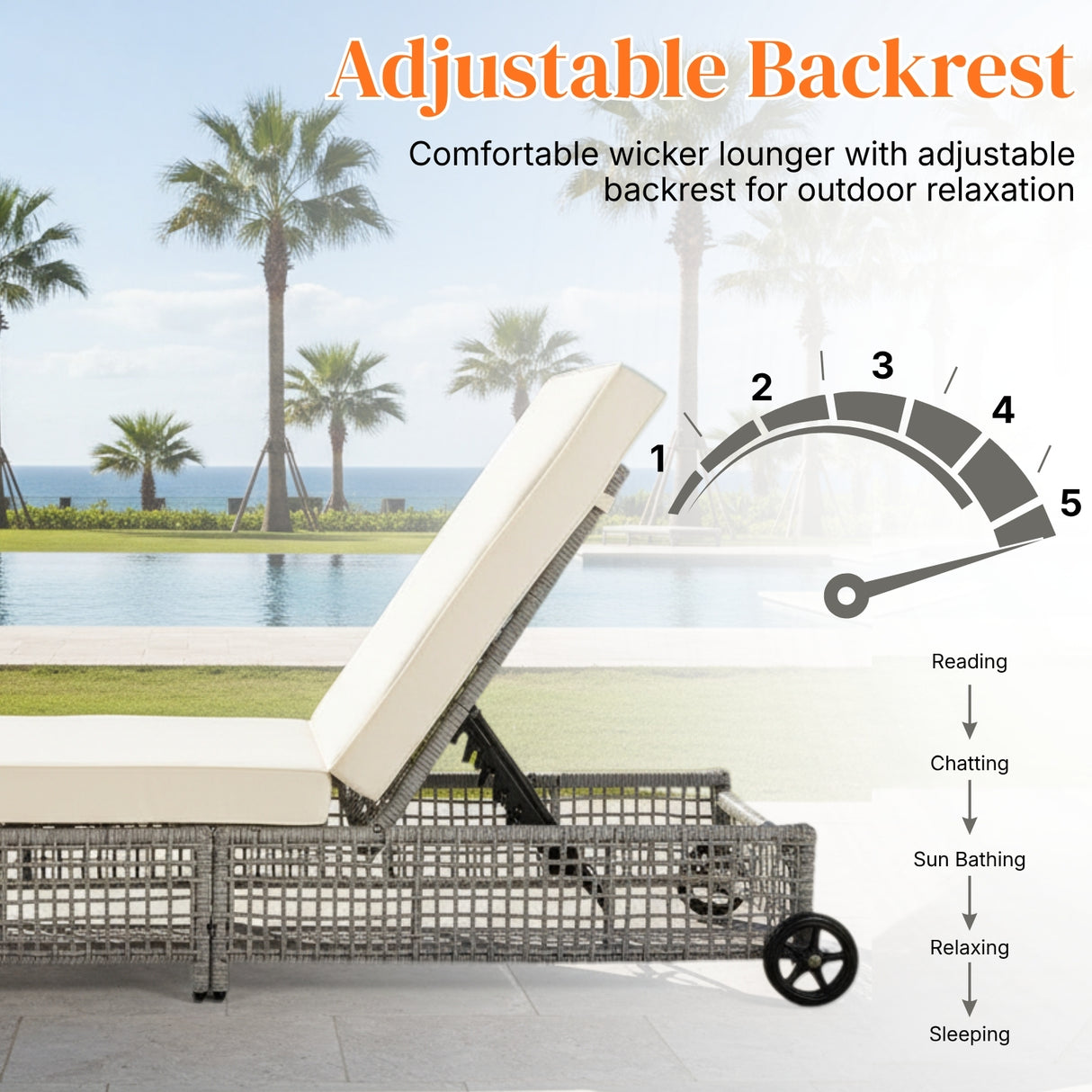 Outdoor Wicker Rattan Lounger Set of 2 with Patio Umbrella (Silver Grey & Off-White)