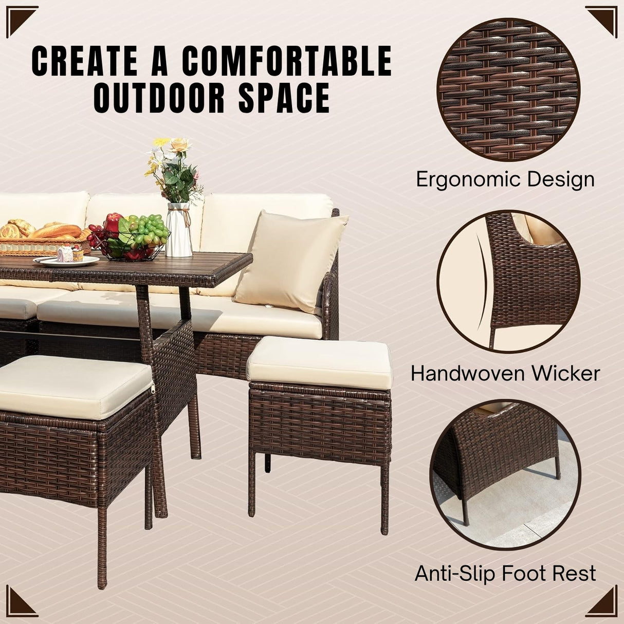 6 Piece Outdoor Patio Furniture Set (Dark Brown & Cream)