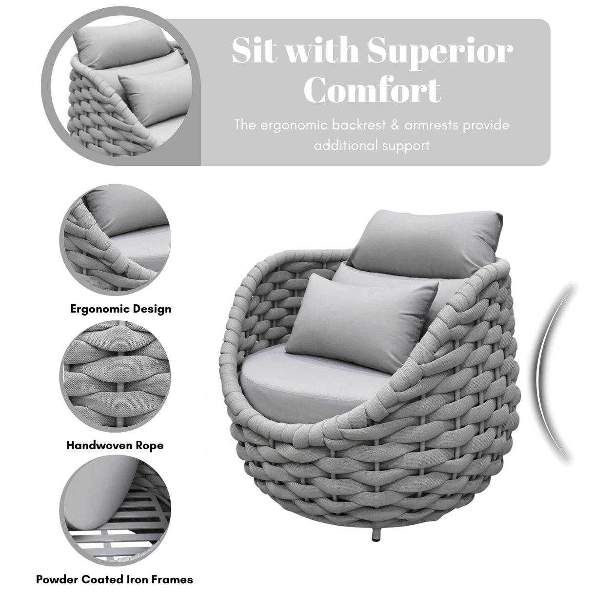 Bird’s Nest Shape 3-Piece Hand-Woven Rope Patio Set