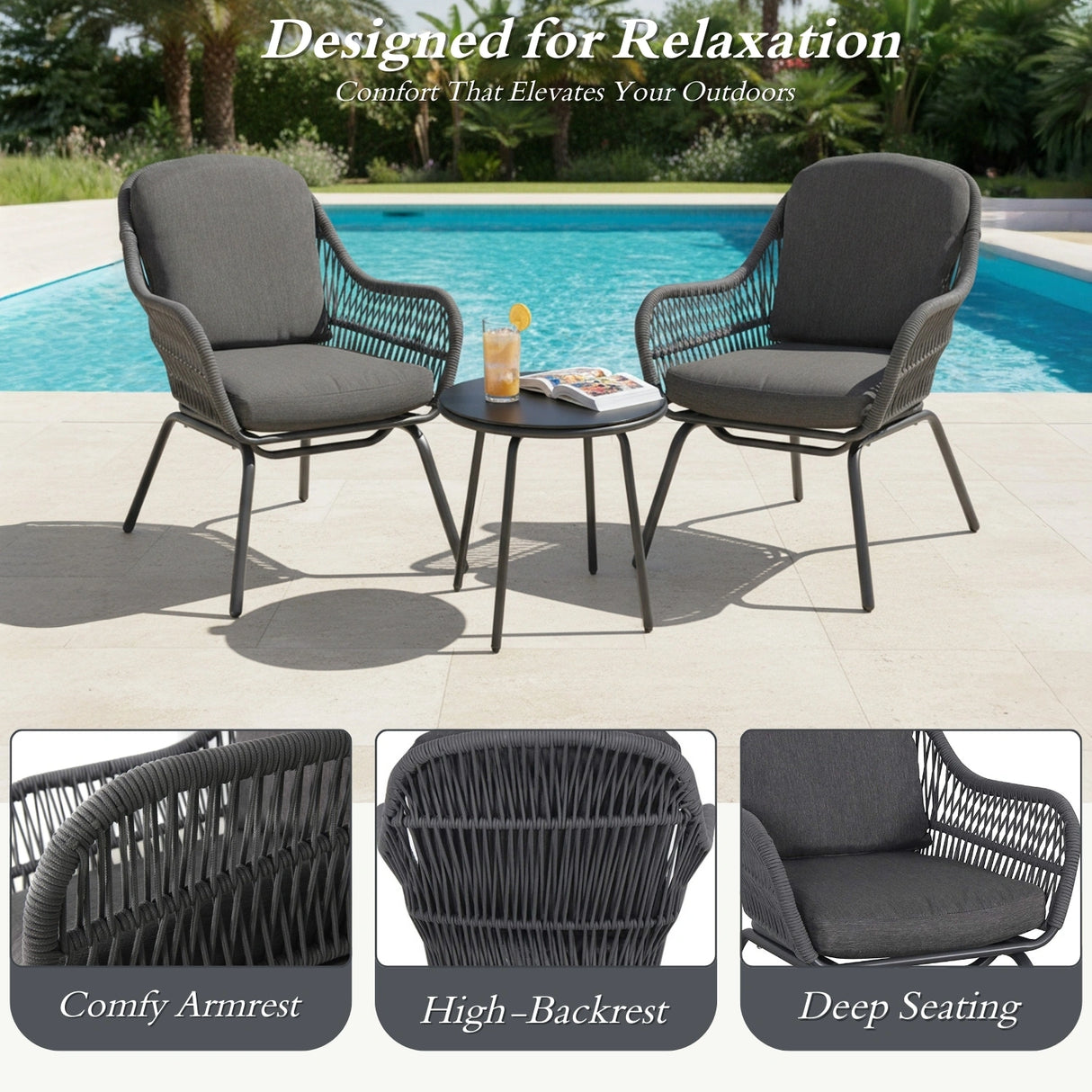 3 Piece Outdoor Rope Patio Set