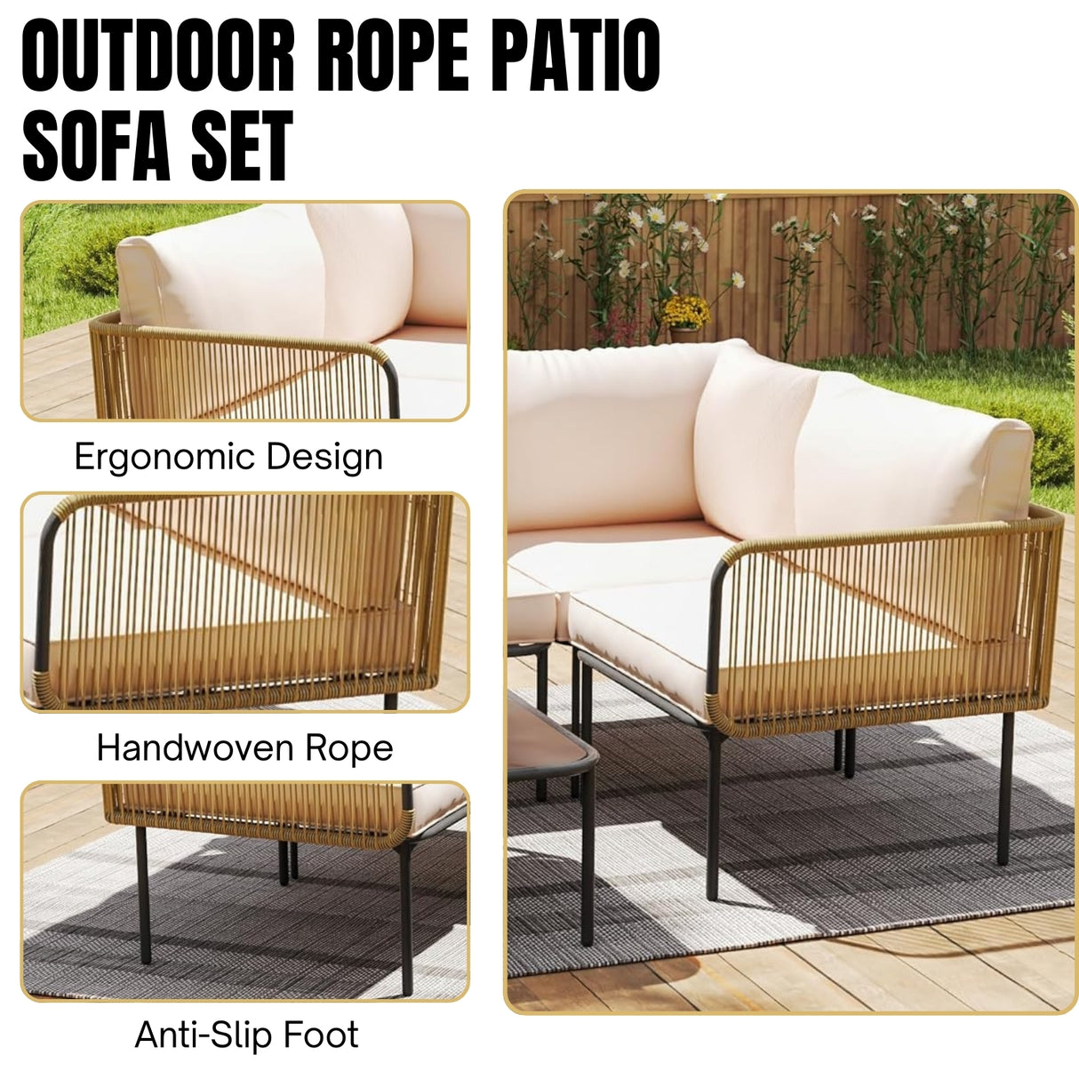 L-Shaped Rope Woven Outdoor Sofa Set (Beige & Cream)