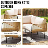 L-Shaped Rope Woven Outdoor Sofa Set (Beige & Cream)