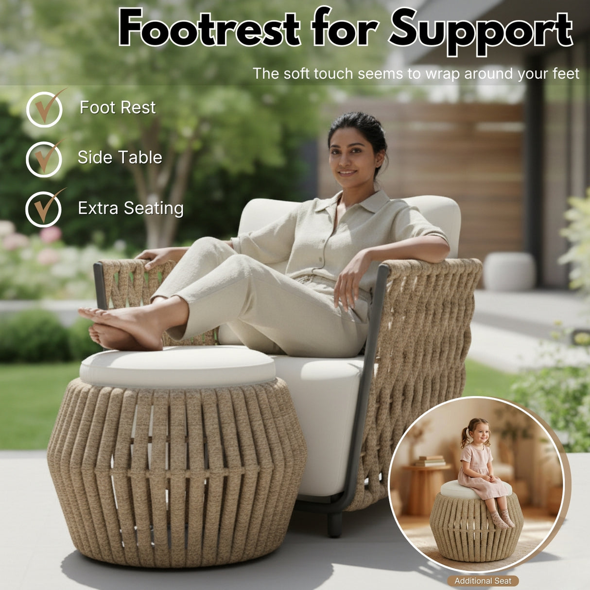 Outdoor Rope 3-Piece Patio Sofa Set (Beige & Off-White)