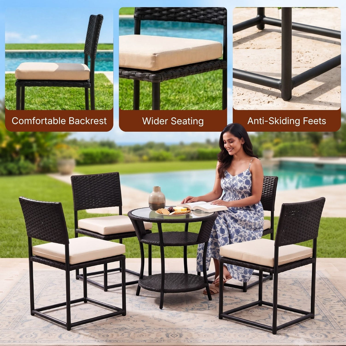 5-Piece Outdoor Wicker Patio Furniture Set (Black & Cream)