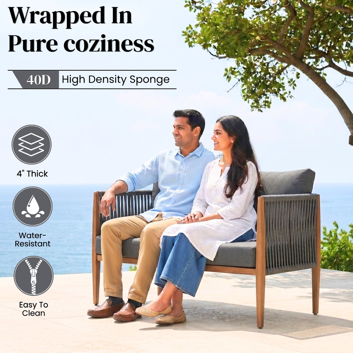 Outdoor Rope Sofa Set with Teak Wood Frame (Grey)