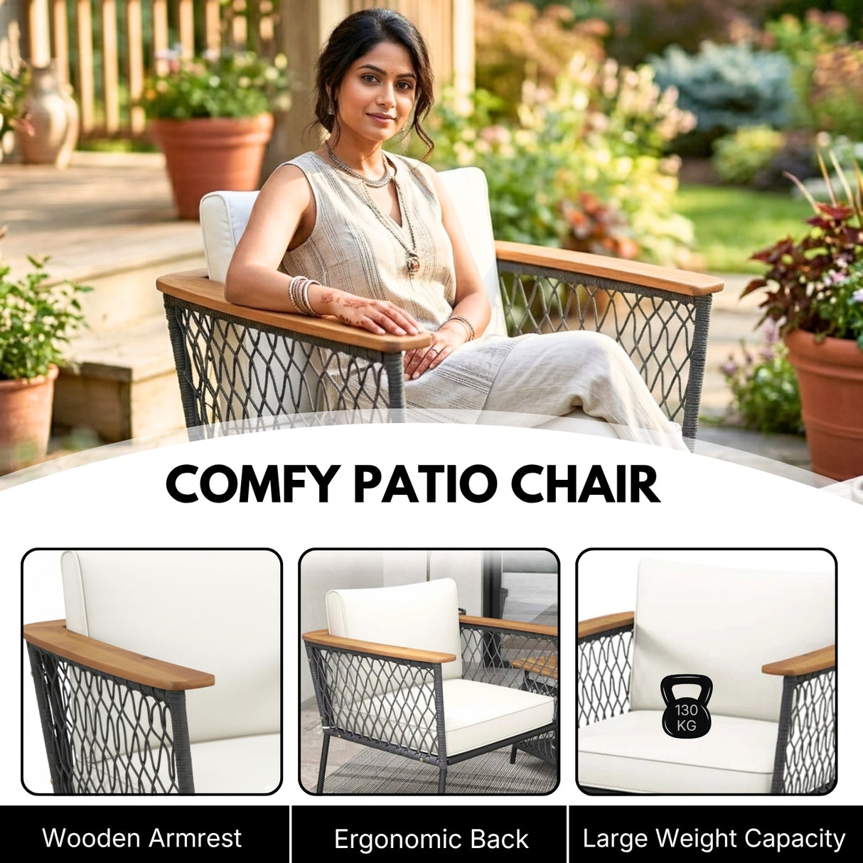 Modern Outdoor Wicker Patio Chair Set with 2-Tier Wooden Top Table