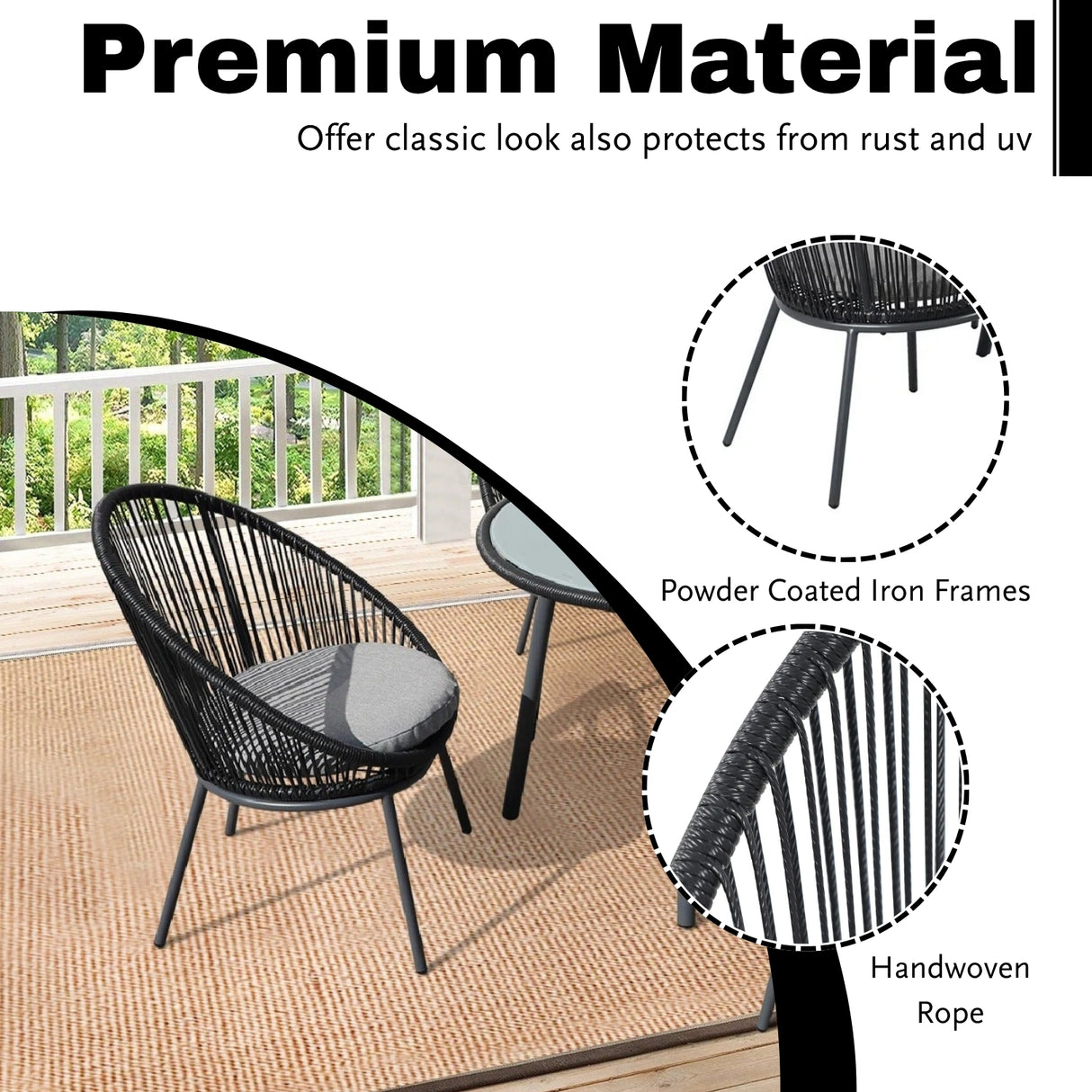 5-Piece Outdoor Patio Dining Set with Rope Chairs & Glass Top Table