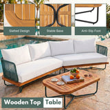 Outdoor Rope Sofa Set with Wooden Base & Teak Finish Coffee Table (Green & Off-White)