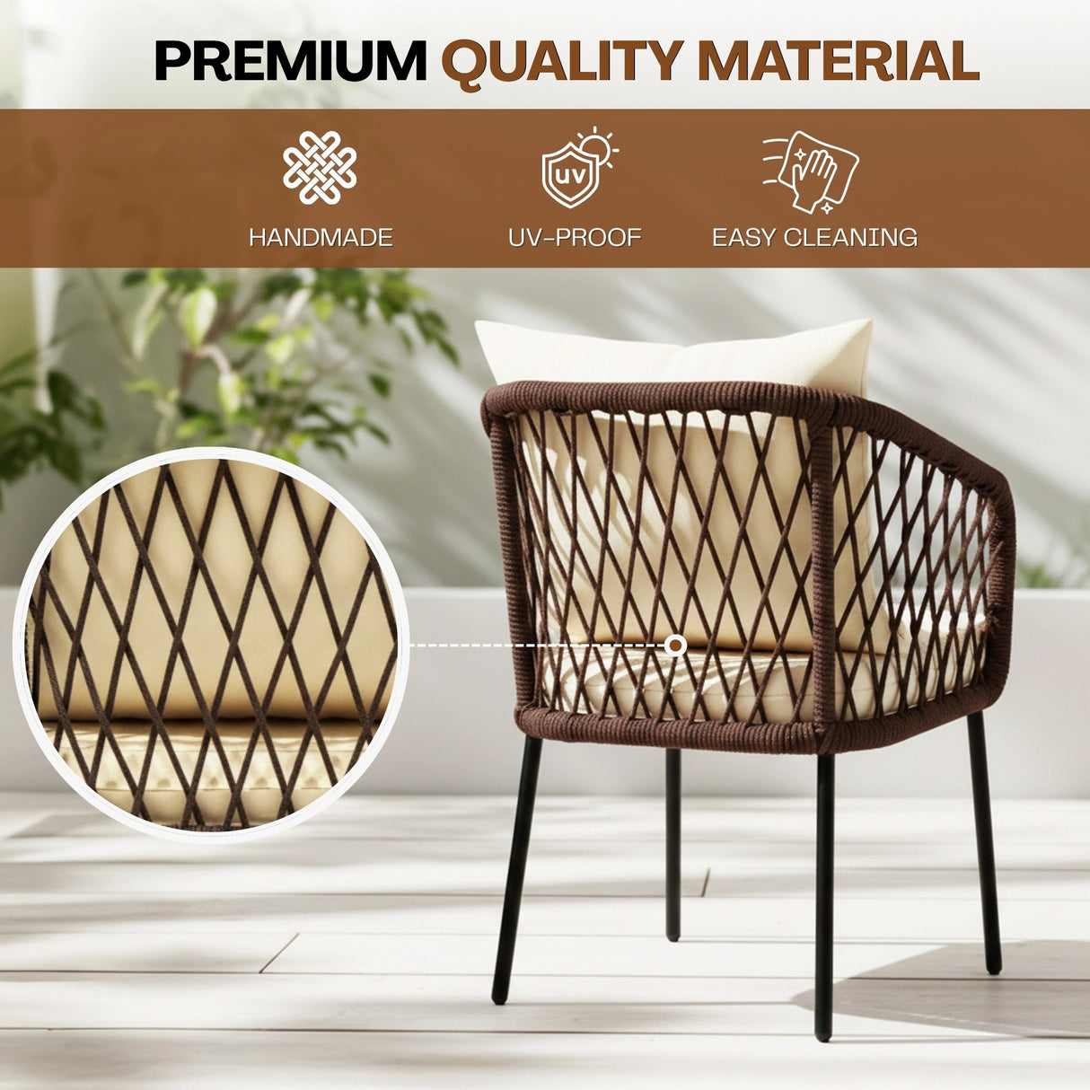 Outdoor Rope 4-Seater Sofa Set with Glass Top Table (Brown & Cream)