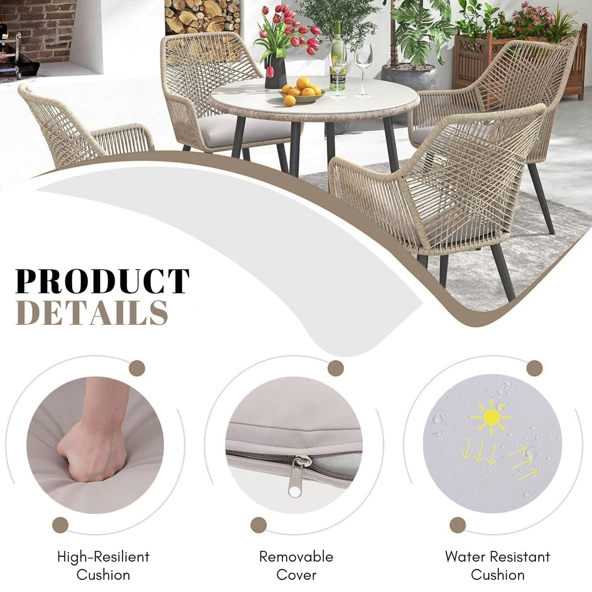 5-Piece Outdoor Patio Dining Set with Rope Chairs & Glass Top Table