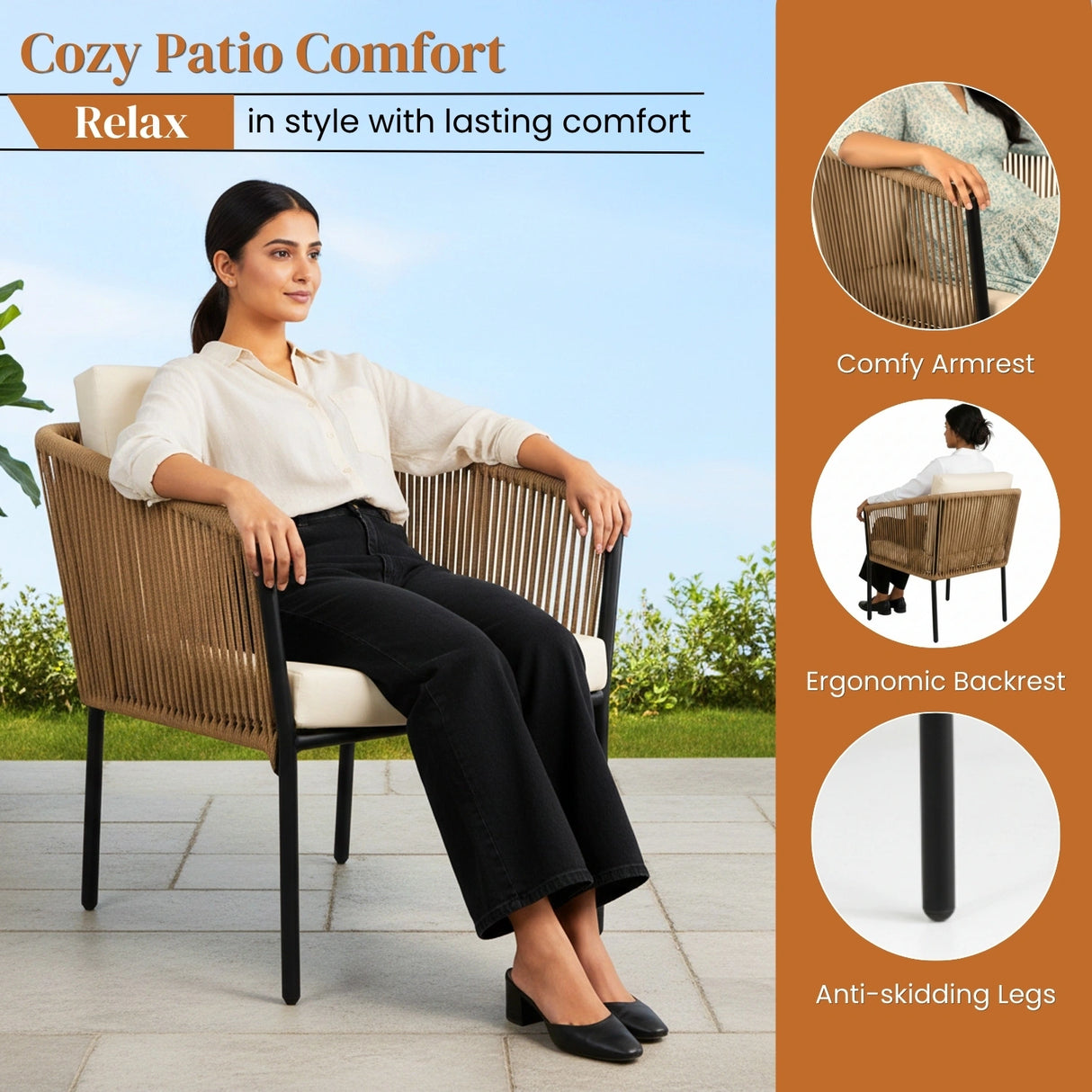 Outdoor Rope Patio Set with Glass Top Table