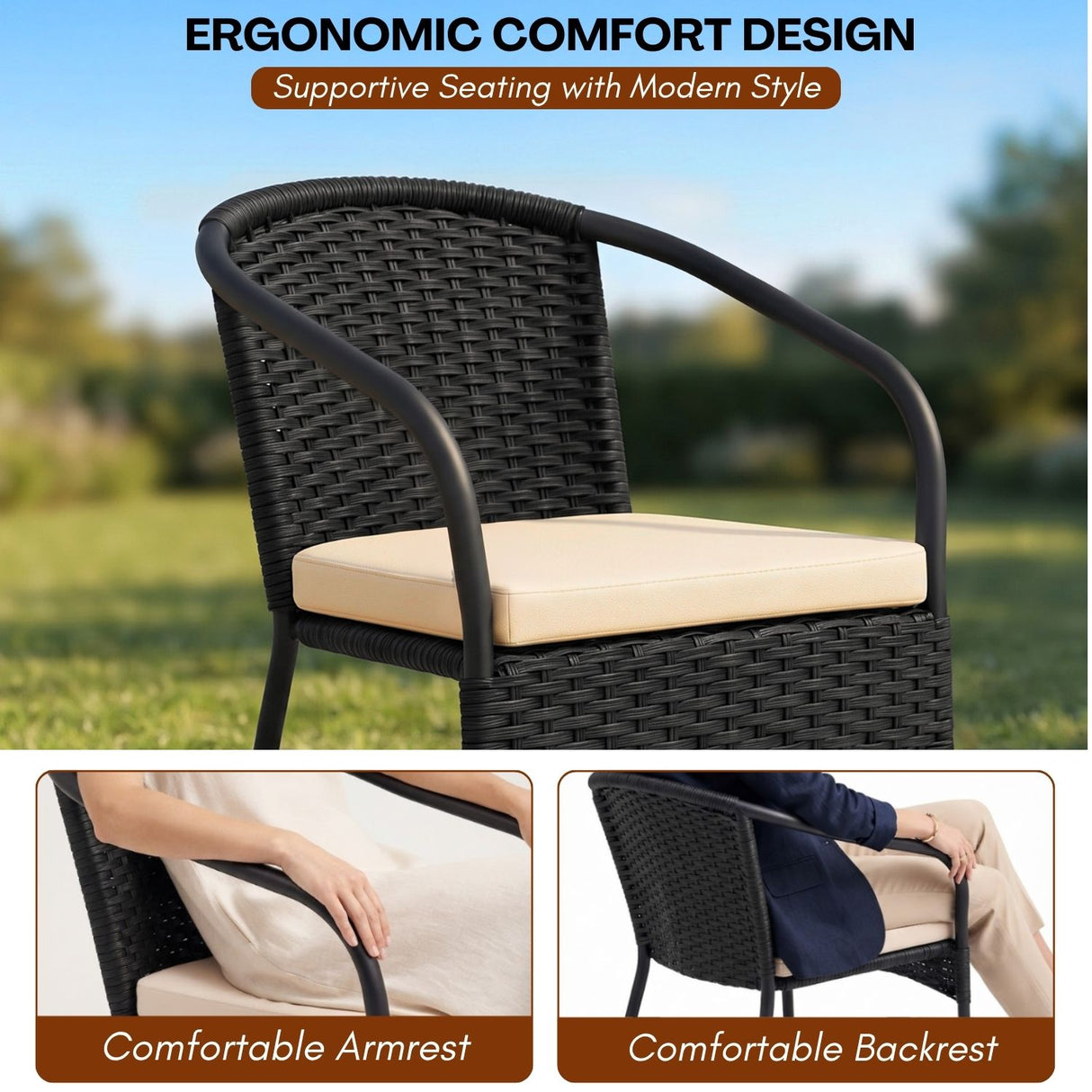 3 Piece Outdoor Wicker Patio Furniture Set (Black & Cream)