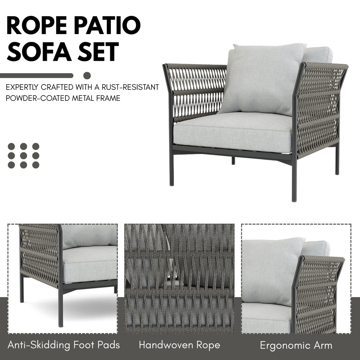 Outdoor Rope 7-Seater Sofa Set With Glass Top Table