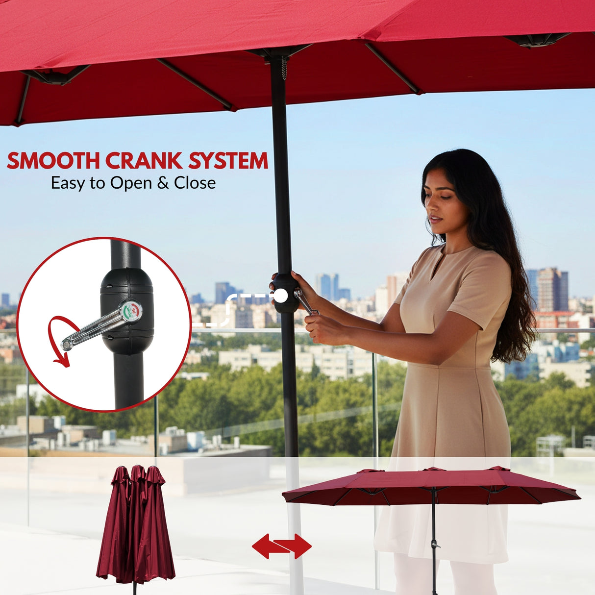 15FT Double-Sided Outdoor Patio Umbrella with Granite Base (Maroon)