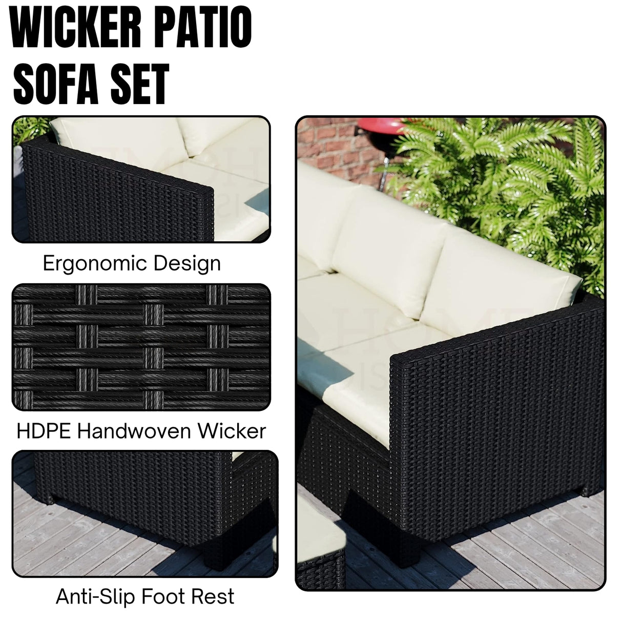 6-Piece Outdoor Wicker Patio Dining Set – Black/Cream