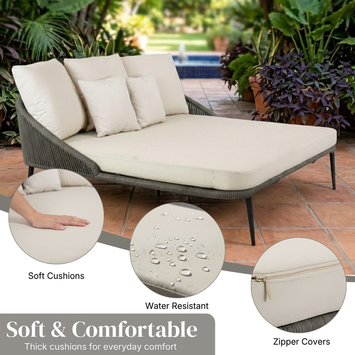 Modern Patio Outdoor Rope Daybed (Grey & Off-White)