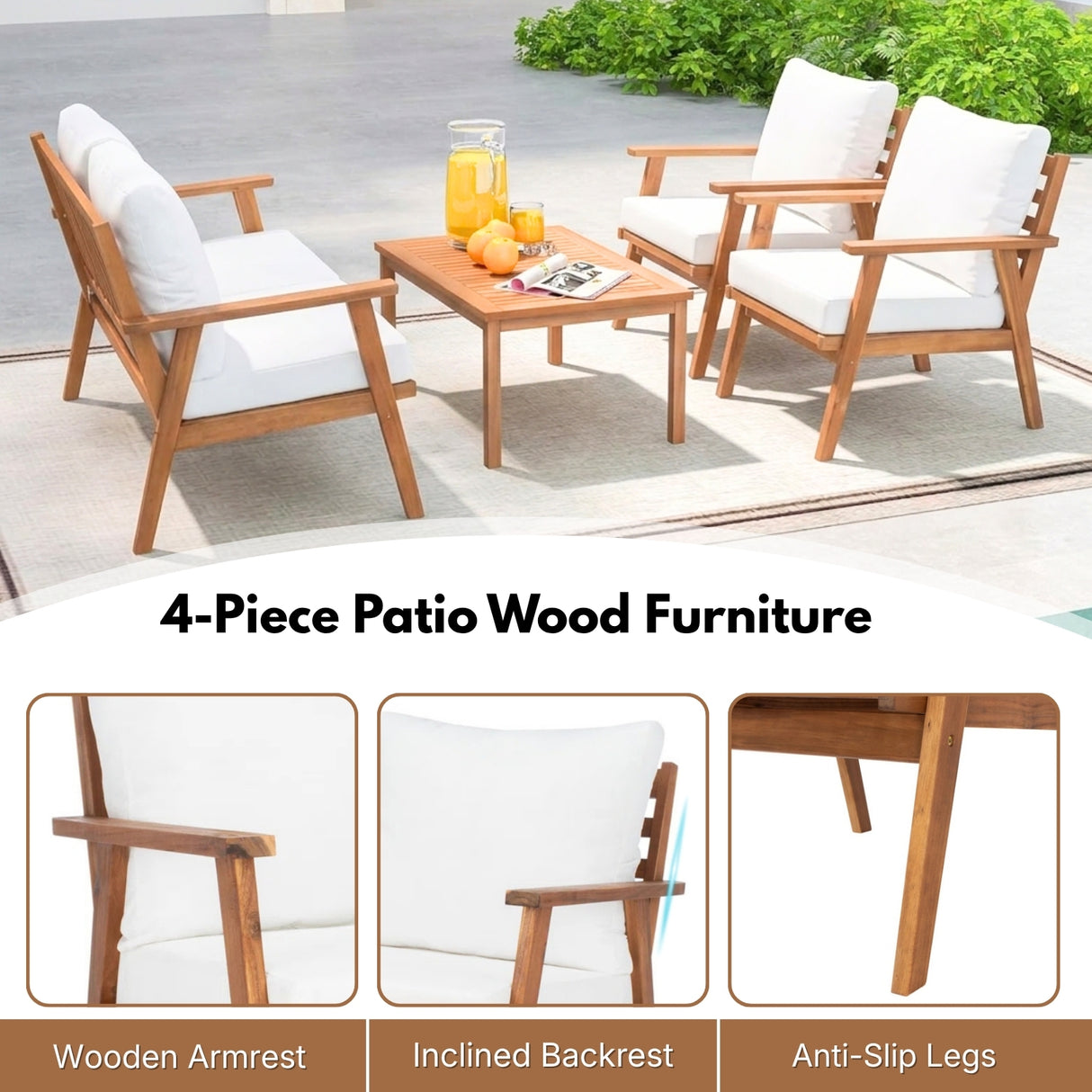 Outdoor Teak Wood 4-Piece Sofa Set with Slatted Center Table
