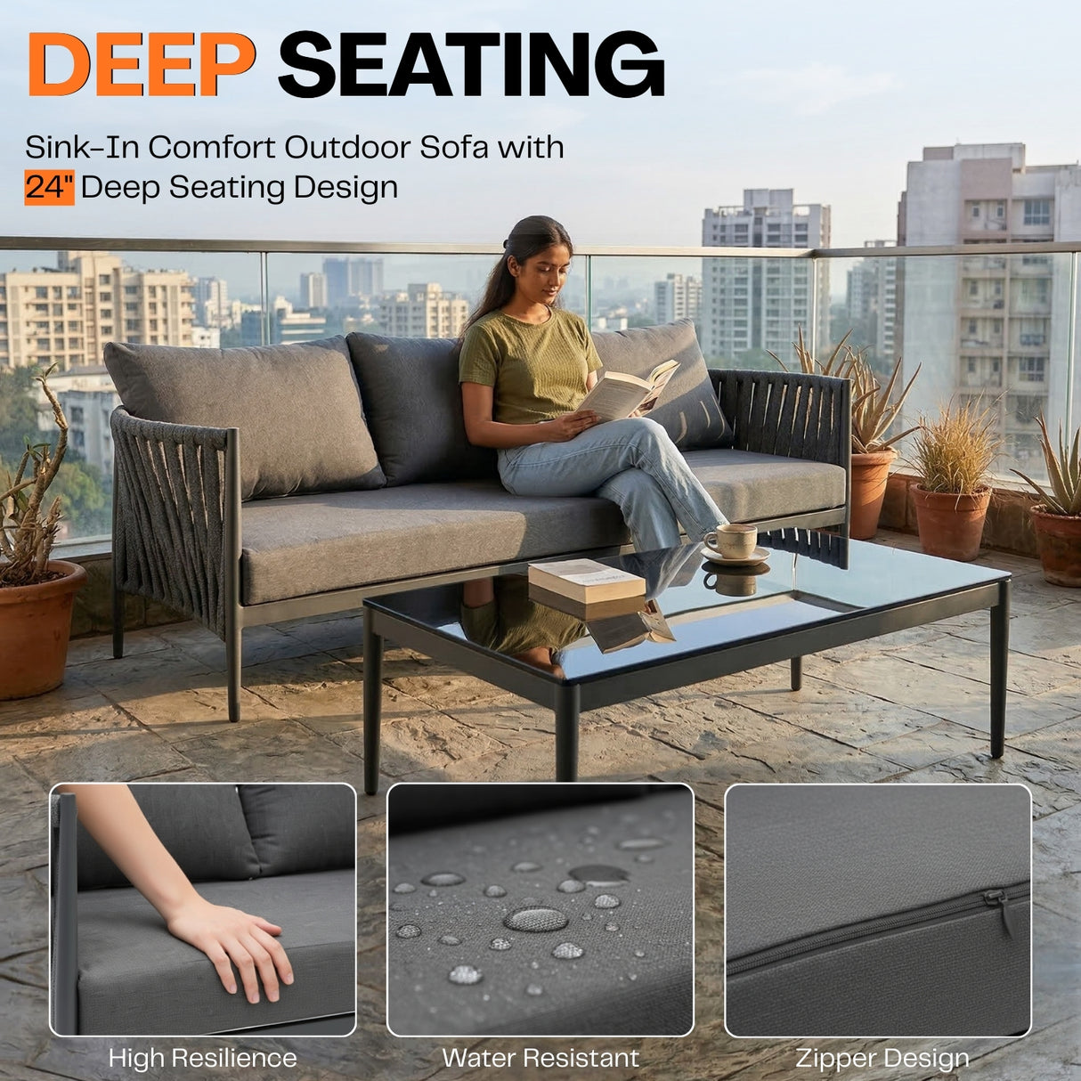 Outdoor Rope 5-Seater Sofa Set With Glass Top Table