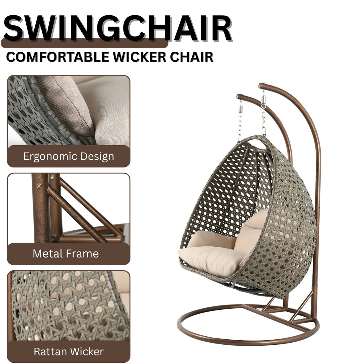 Double Seater Hanging Swing Chair (Dark Brown/Cream)