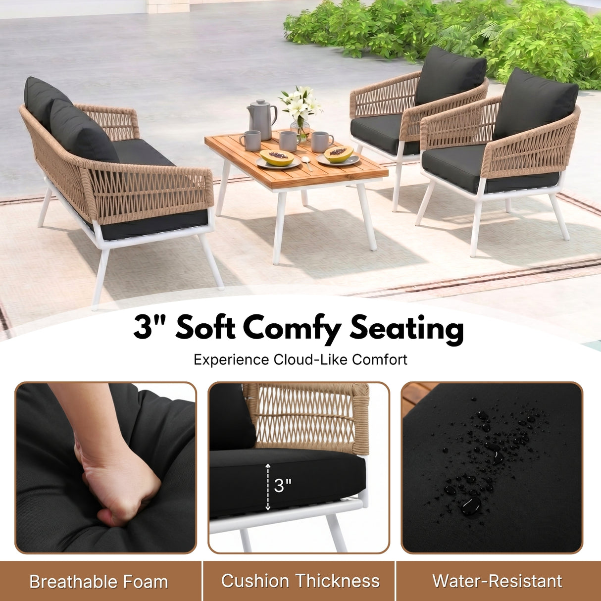 Outdoor Rope Sofa Set with Wooden Top Center Table (Beige & Black)