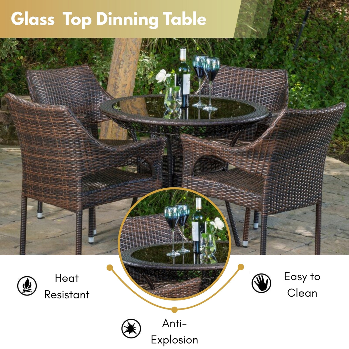 Outdoor All-Weather Resistant Rattan Wicker 5-Piece Dining Set