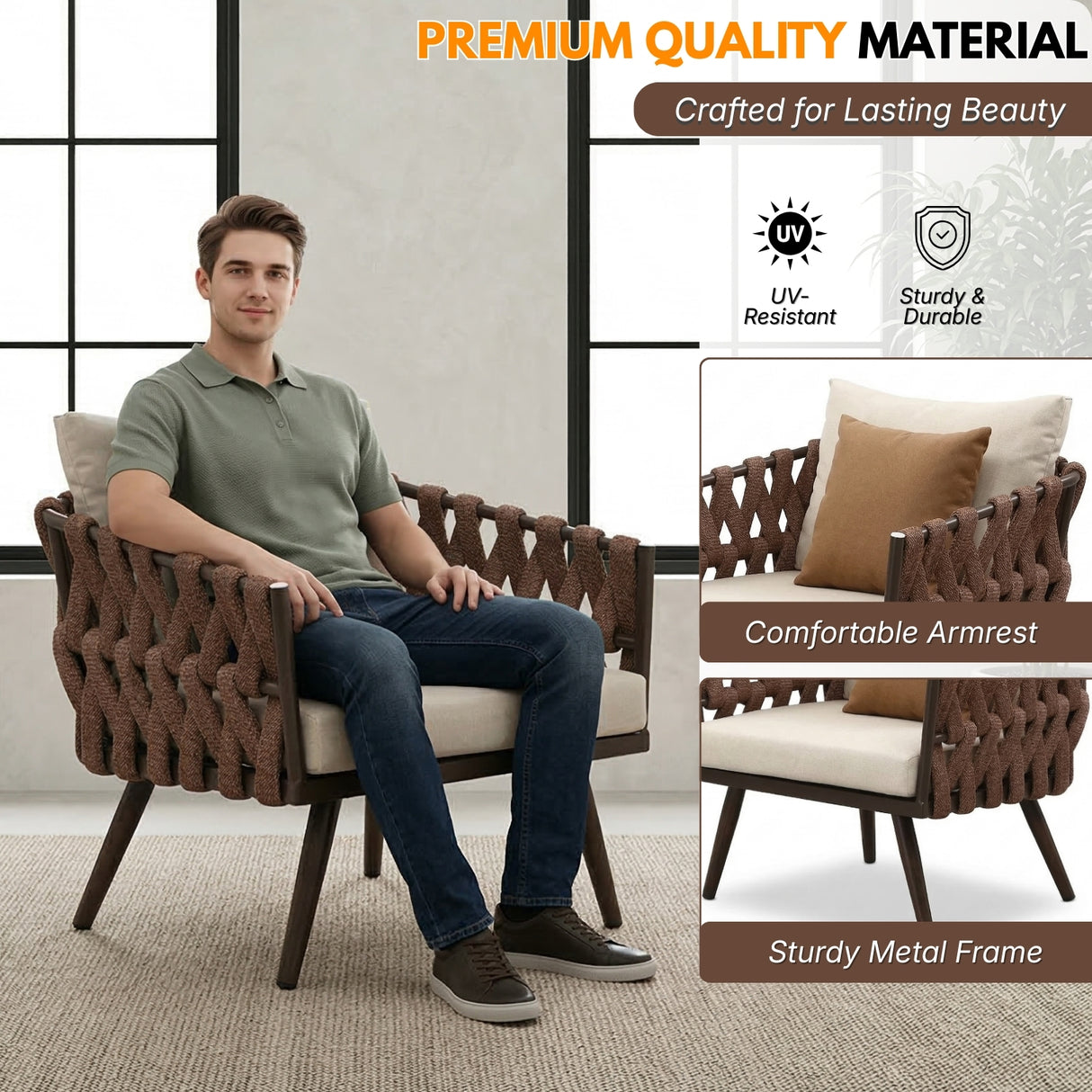 4-Piece Outdoor Rope Sofa Set With Glass Top Table (Brown & Off-White)