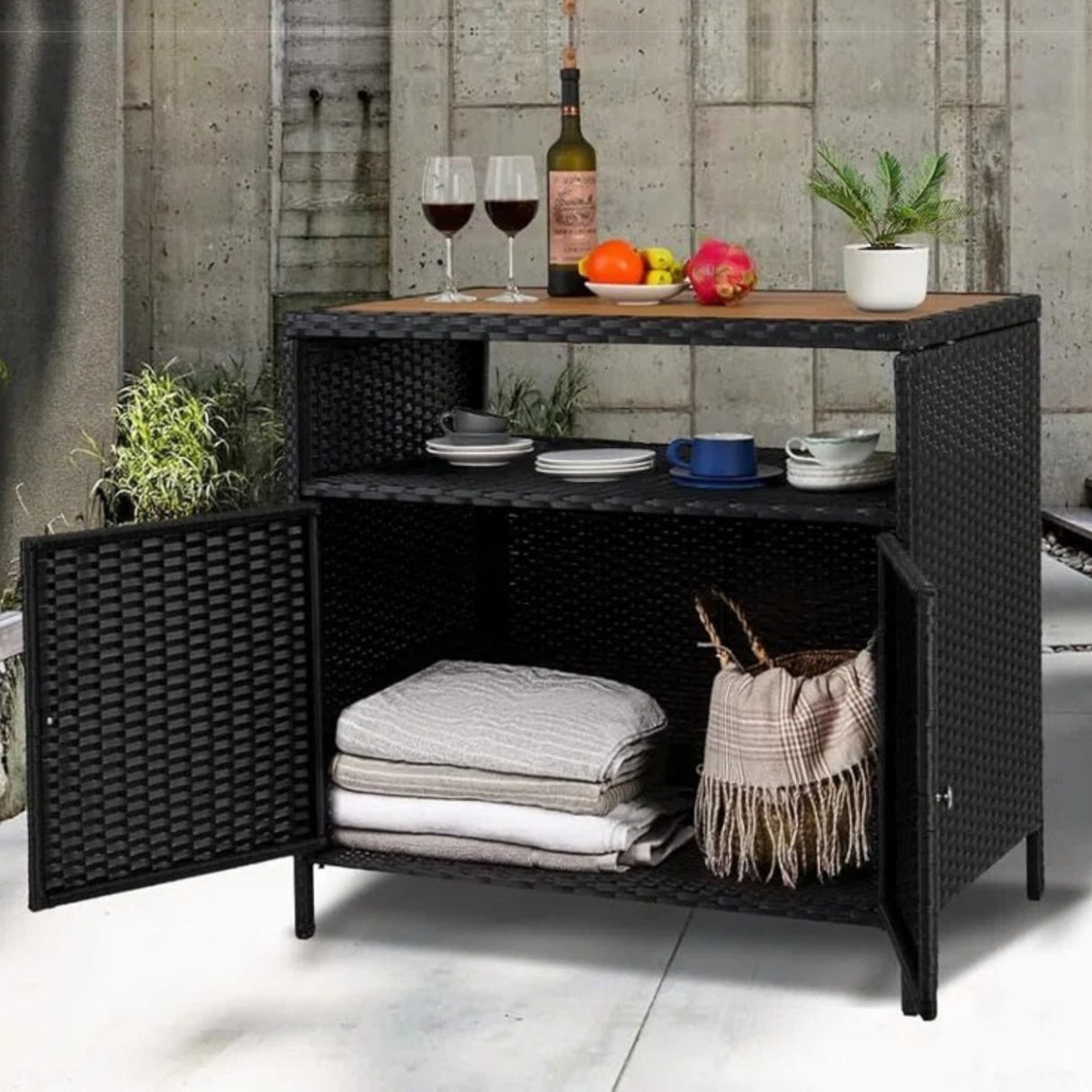 Outdoor Rattan Wicker Bar Table With Wooden Top