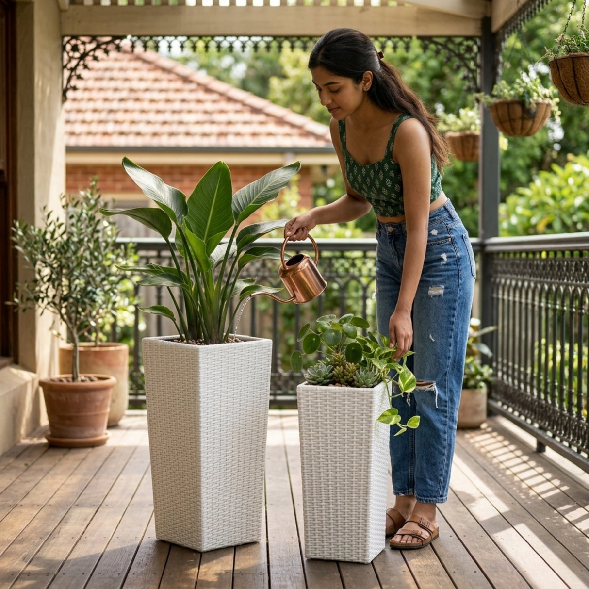 2-Piece Outdoor Rattan Wicker Tall Square Planters (White)