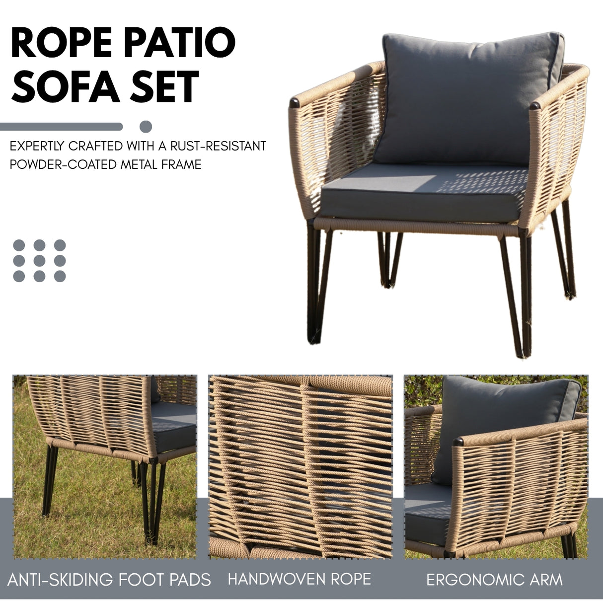 Outdoor Rope 4-Piece Patio Sofa Set with Glass Top Table (Beige & Dark Grey)
