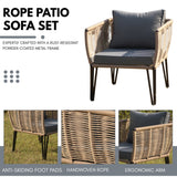 Outdoor Rope 4-Piece Patio Sofa Set with Glass Top Table (Beige & Dark Grey)